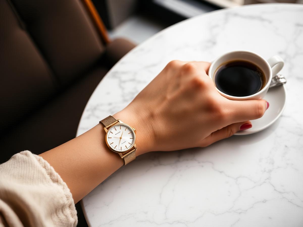 Woman with rose gold watch at cafe