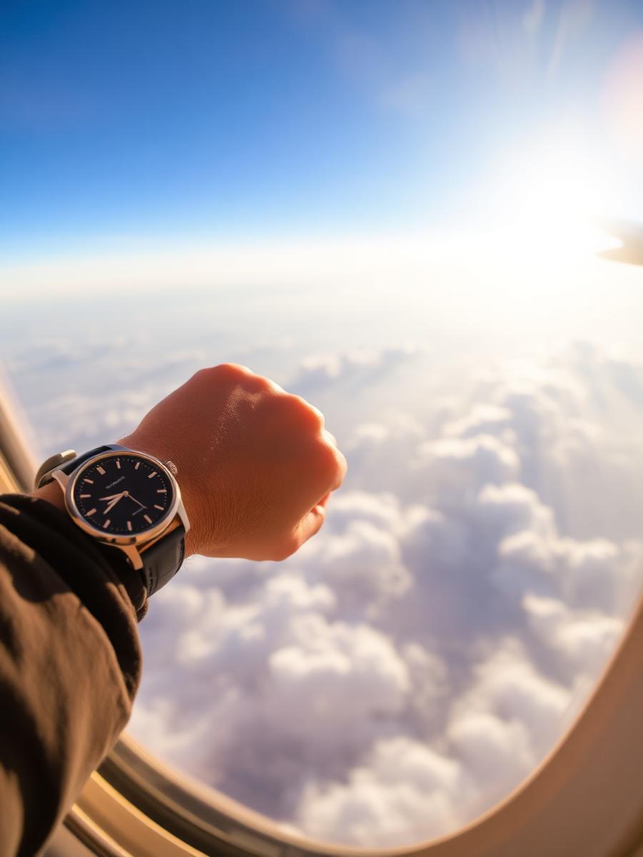 Wrist with watch above the clouds